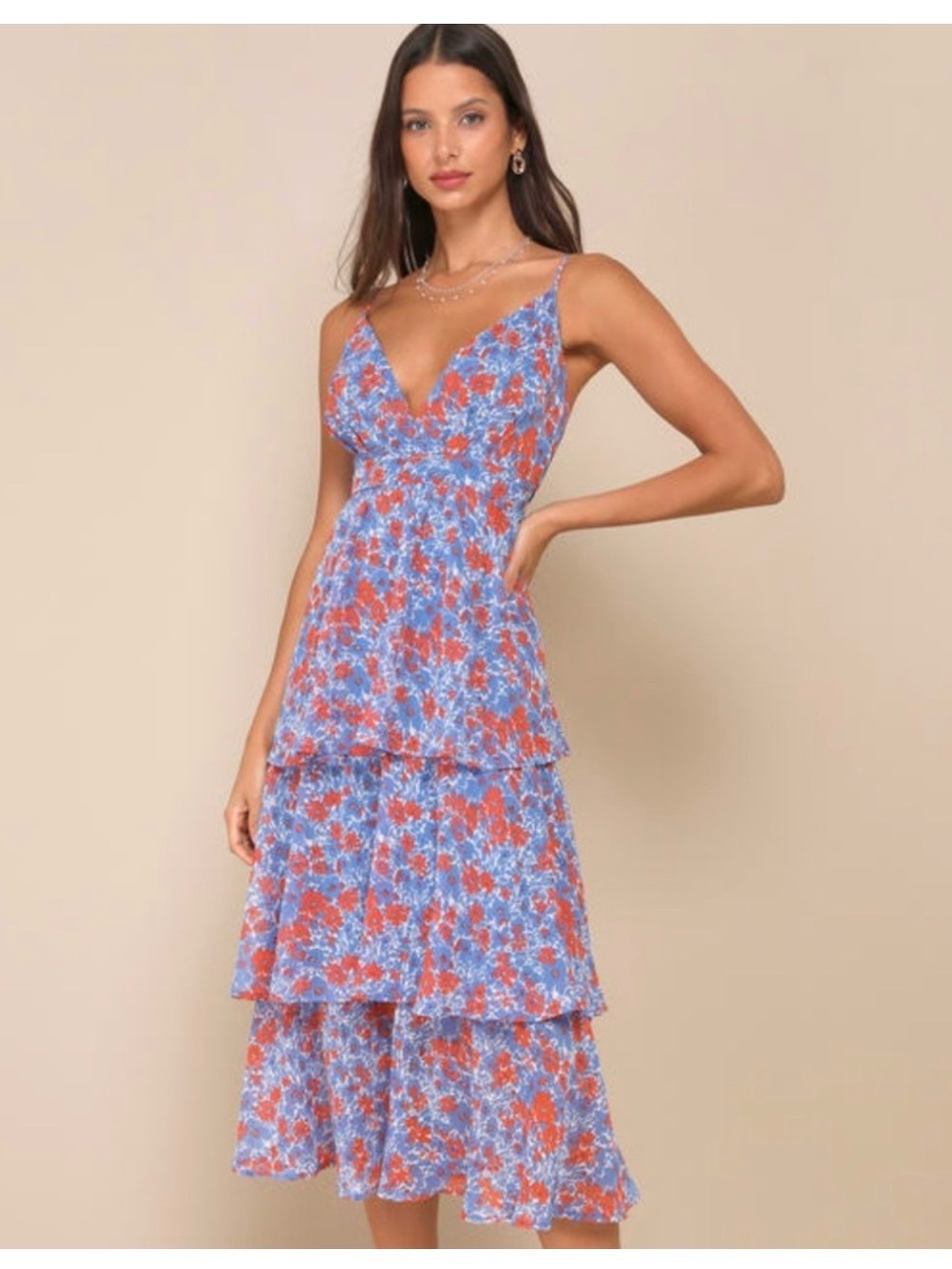 Lulu's Blue and Orange Floral Tiered Maxi Dress